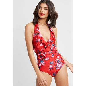 Modcloth The Reese Floral One Piece Red One Piece Swimsuit Size Small